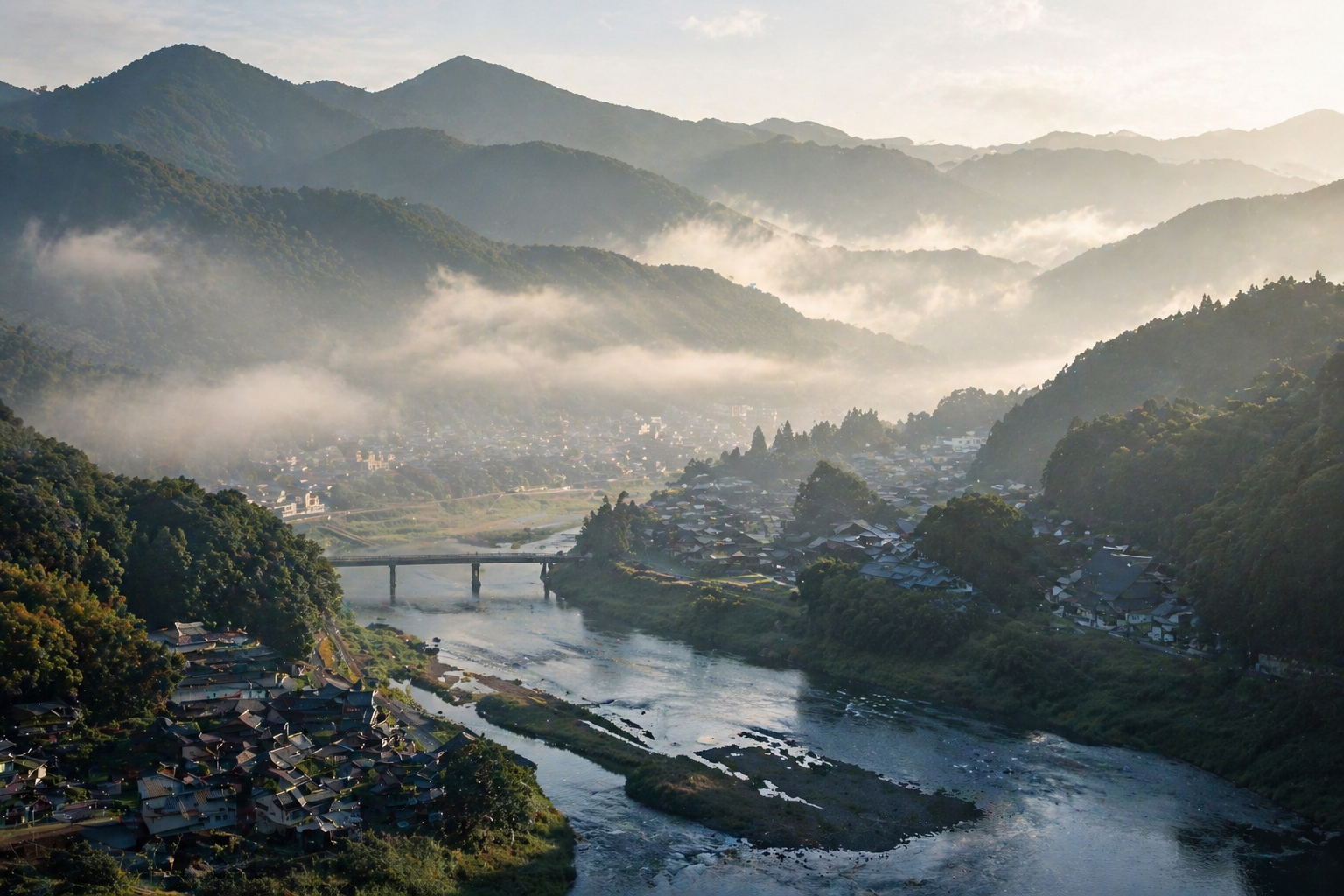霧に包まれる関の山並みと町並み — Seki, Gifu